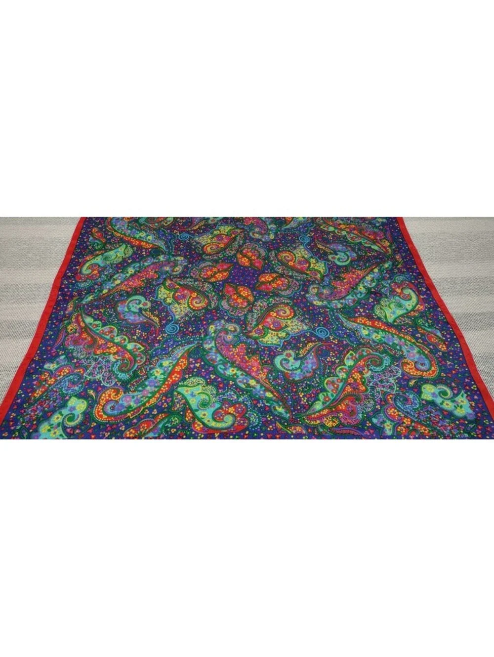 Vintage Psychedelic Paisley Silk Scarf Red Border Colorful Multicolor Big Size!